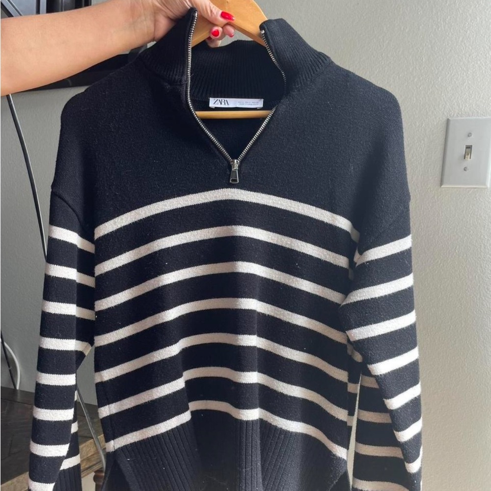 Zara Black and White Striped Turtleneck Sweater